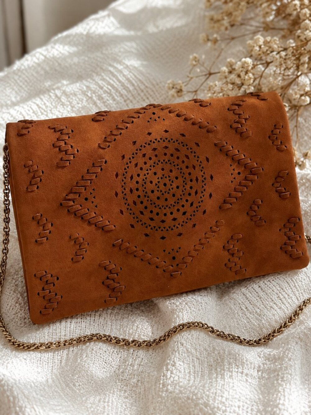 Free People Boho Cognac Crossbody Bag Clutch Gold Chain Laser Cut